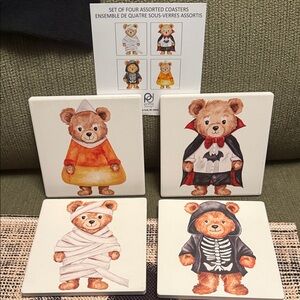 Ceramic Halloween Bear Coaster Set - Assorted Designs- Cork Backing.